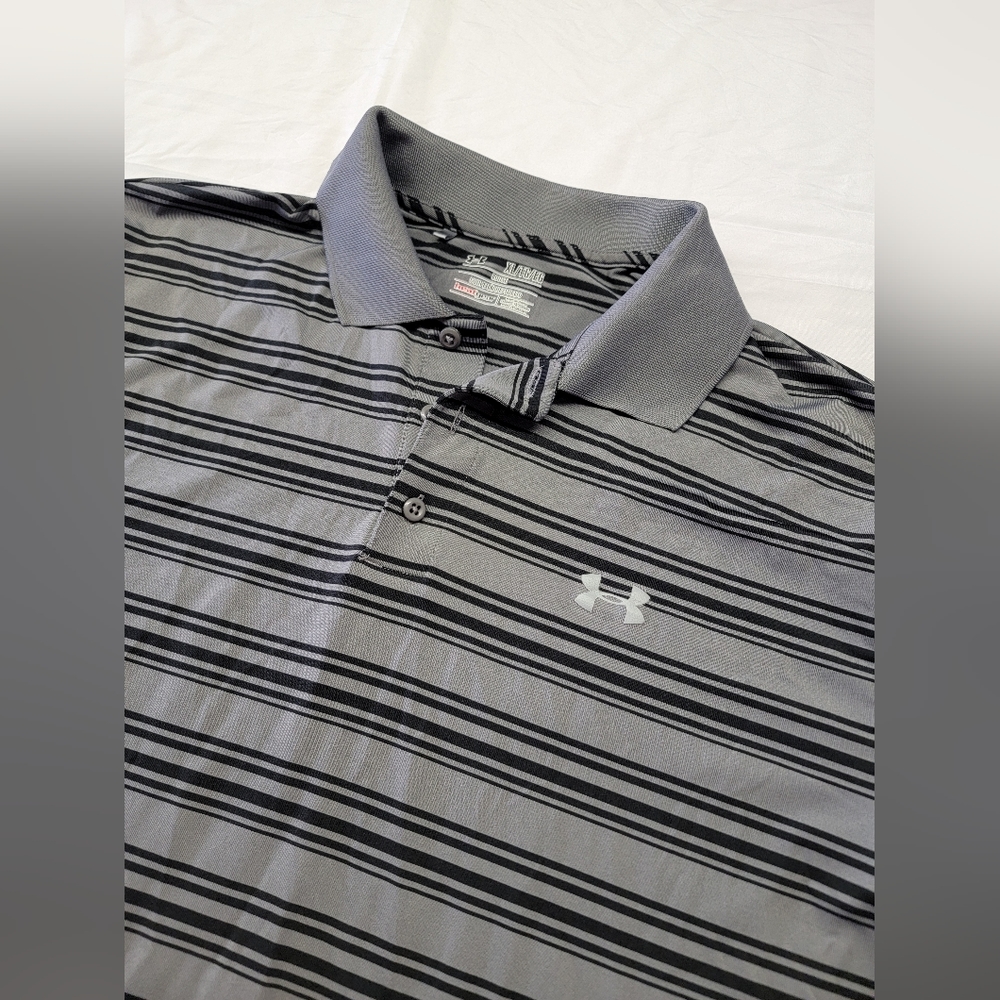Mens Under Armour Polo Heat Gear Loose Grey with Black Stripe Sz‎ XL